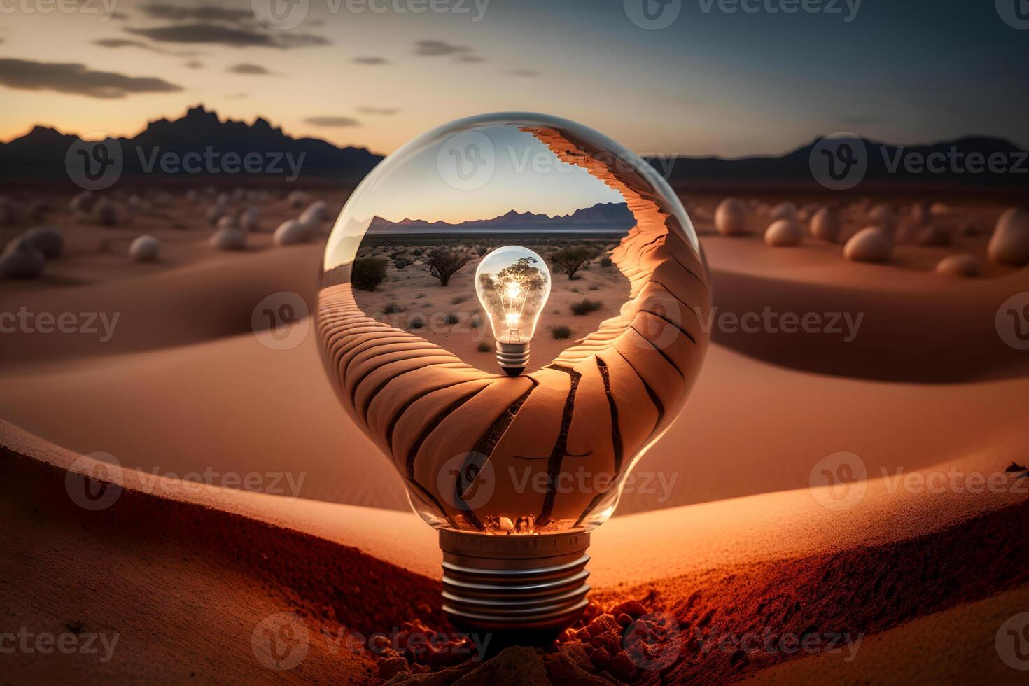 content, Light bulb with a cactus inside on the background of the desert. Earth day, protection and conservation of energy. photo