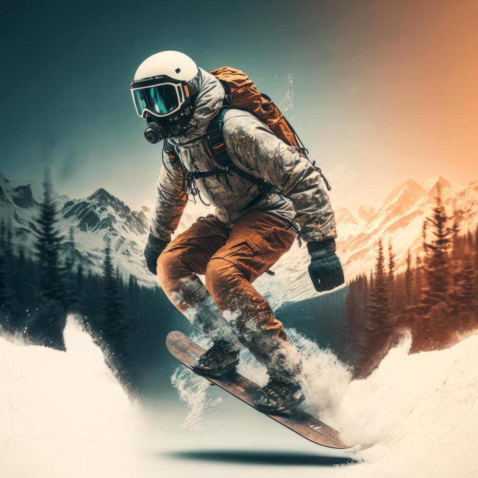 tabla de snowboard hombre. ilustración ai generativo foto