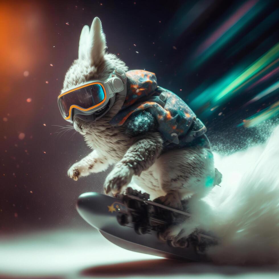 Cute snowboard rabbit. Illustration photo