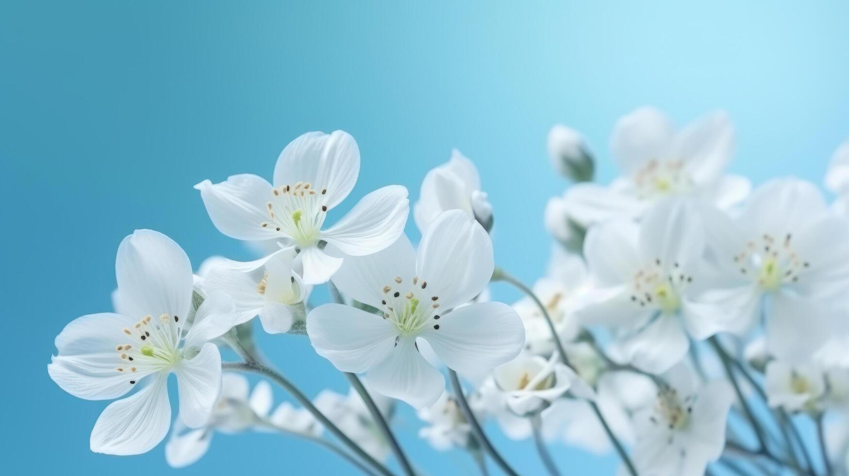 White spring flowers on blue background. Illustration photo