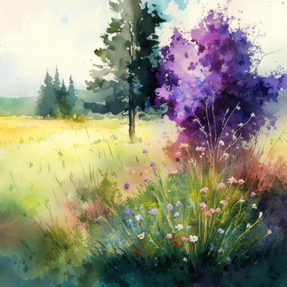 Watercolor summer meadow. Illustration photo