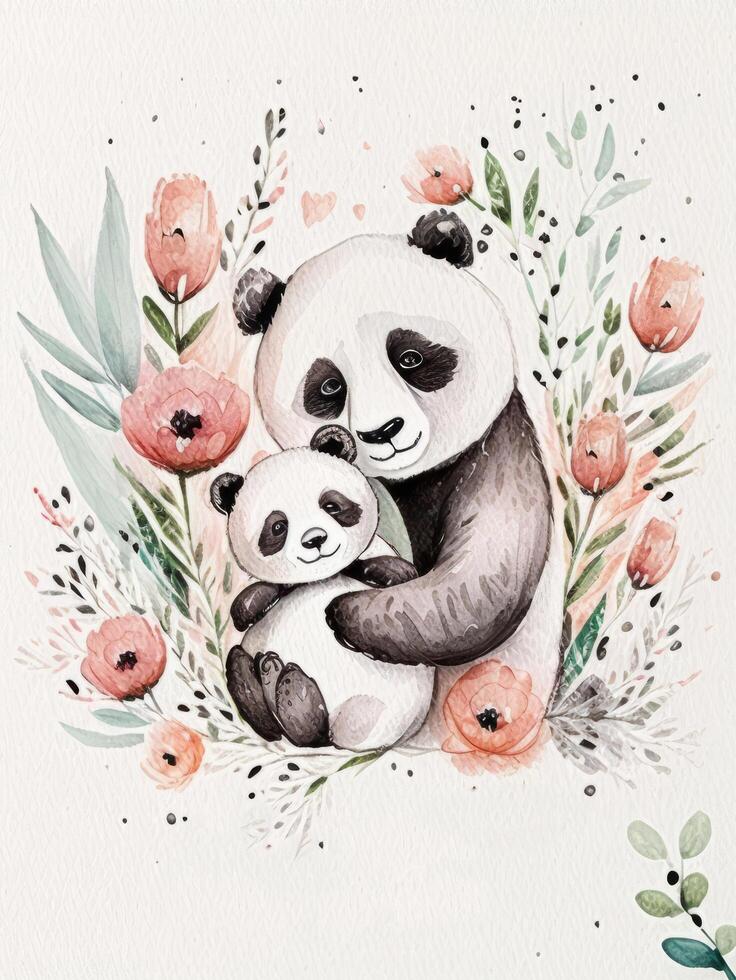 Cute watercolor panda with mom. Illustration photo