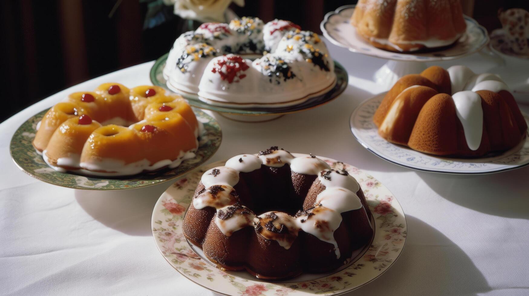 variedad de bundt pasteles y dulces ilustración ai generativo foto