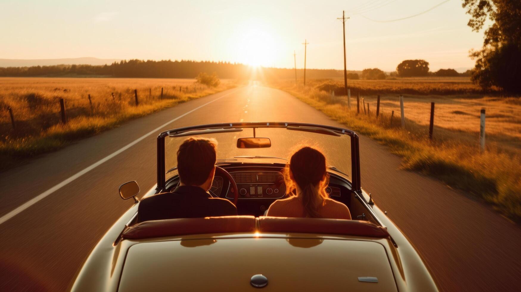 Happy couple driving in a country road. Illustration photo