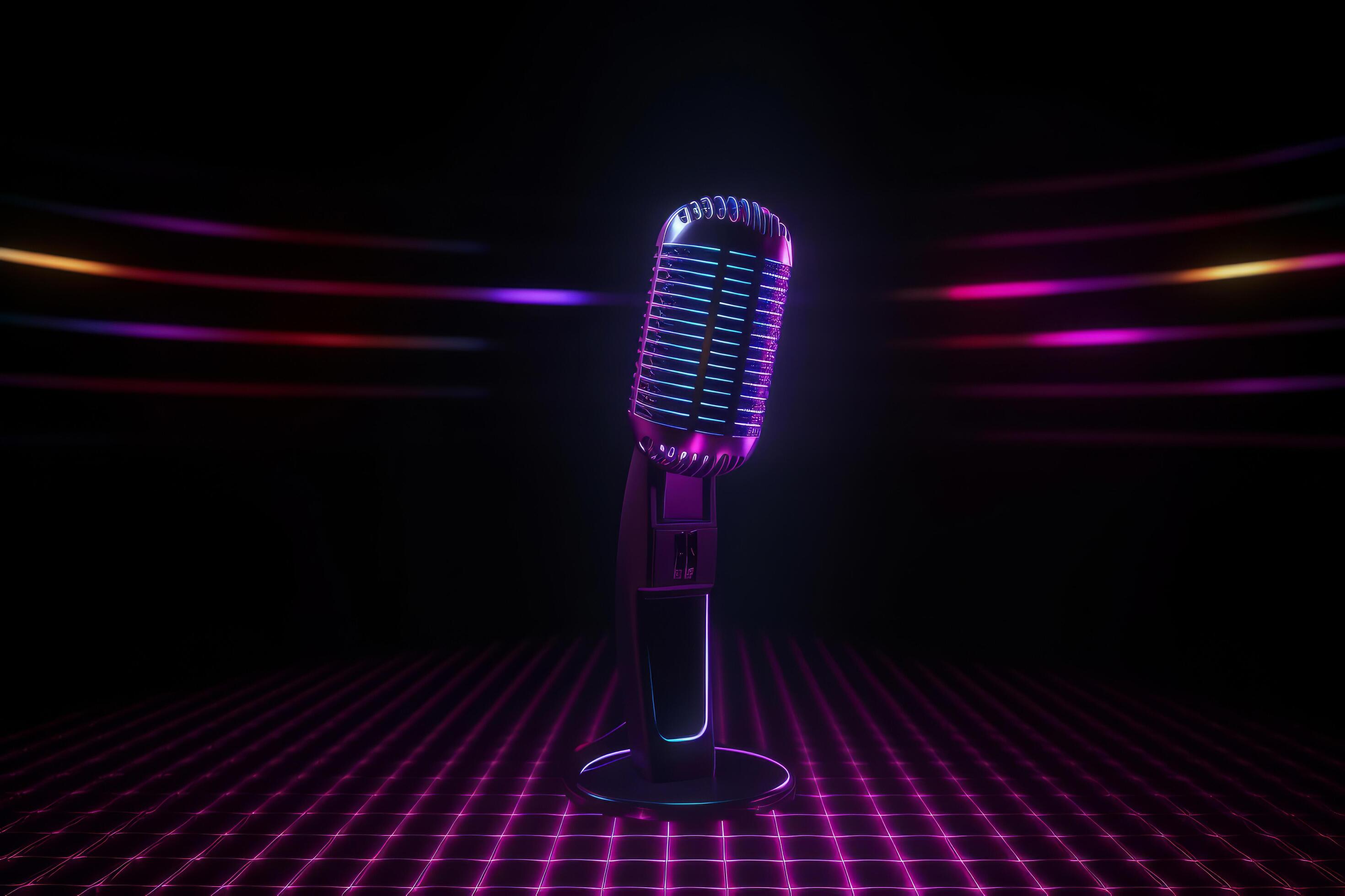 Neon black microphone background. Illustration AI Generative 23459099
