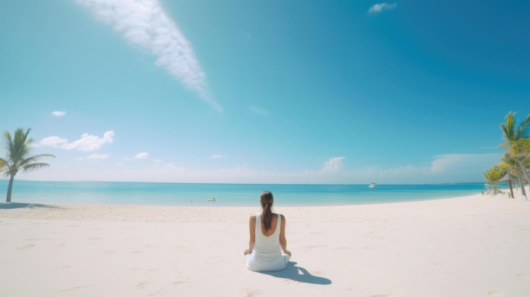 Woman meditation on beach. Illustration photo