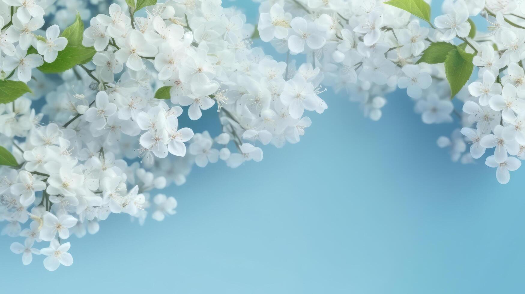 White spring flowers on blue background. Illustration photo