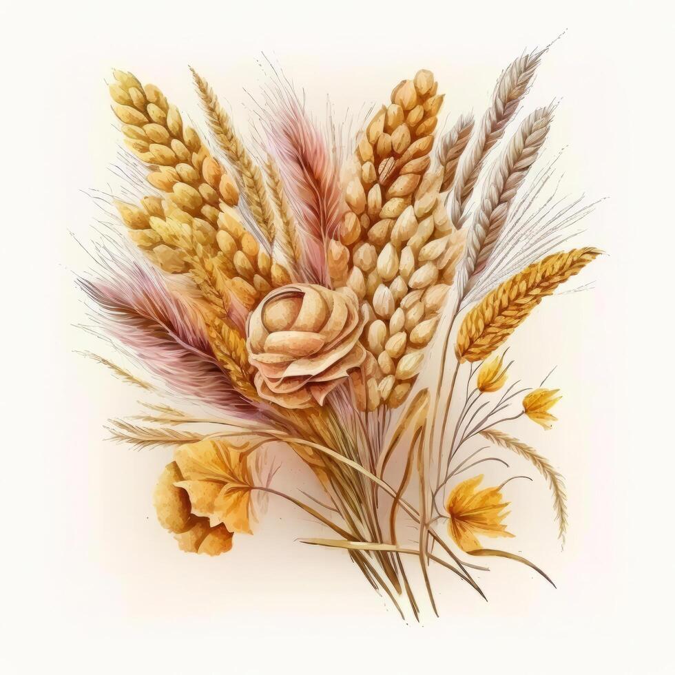 Watercolor yellow wheat ears bouquet Illustration photo