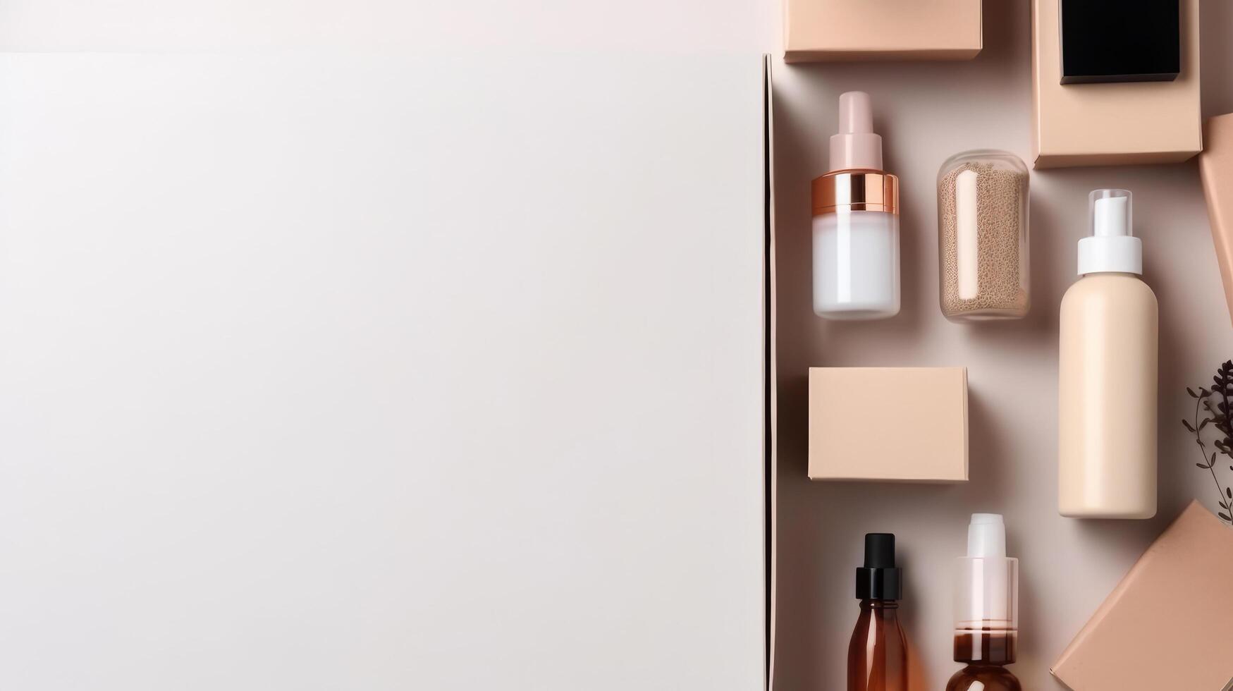 Cosmetics box with set of bottles. Illustration photo