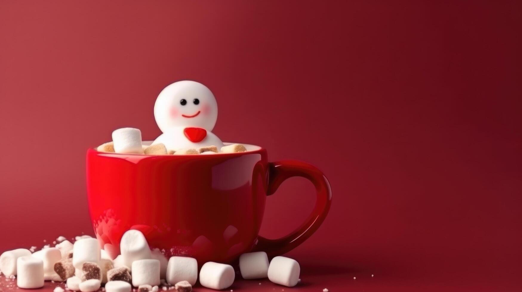 Red hot chocolate mug with melted marshmallows. Illustration photo