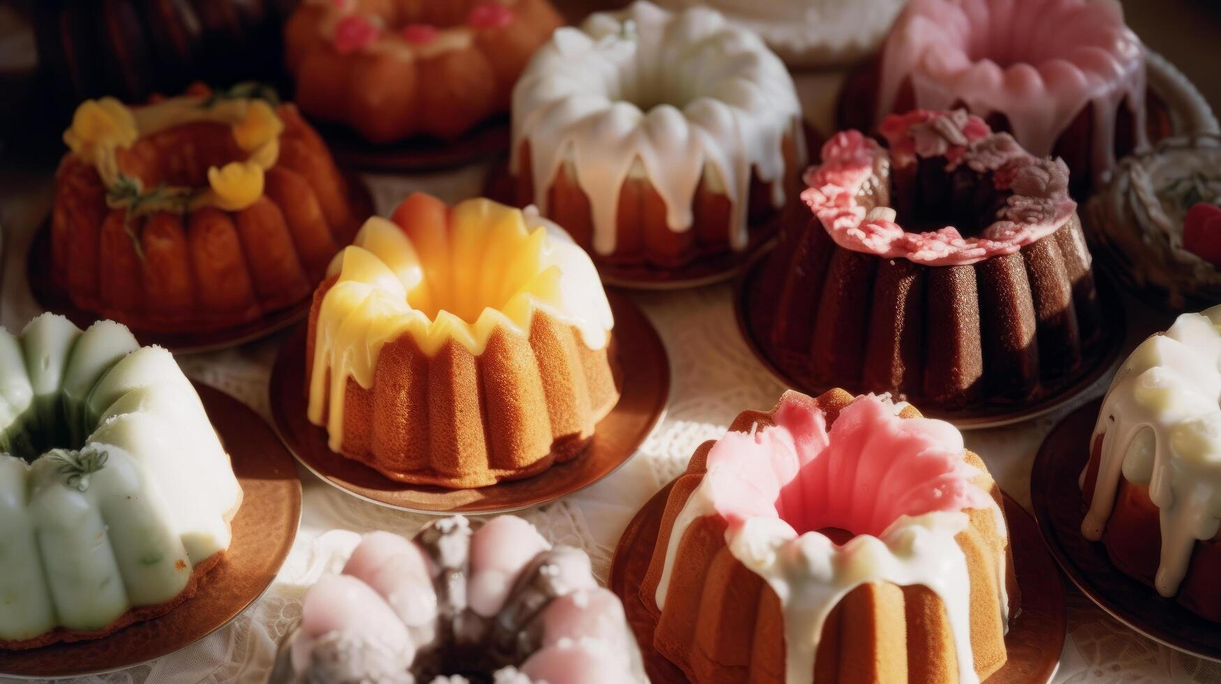 Variety of bundt cakes and sweets. Illustration photo