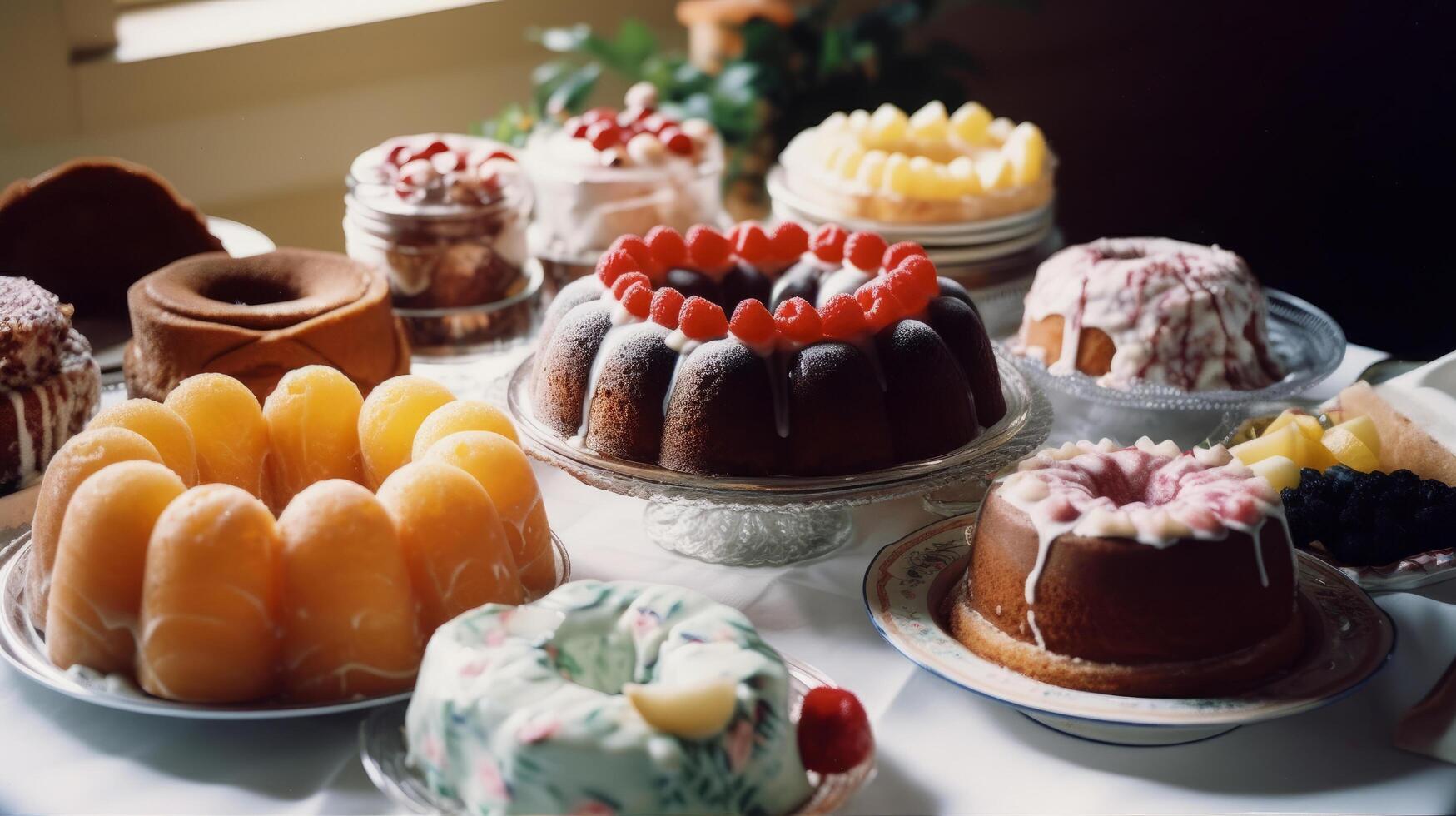 Variety of bundt cakes and sweets. Illustration photo