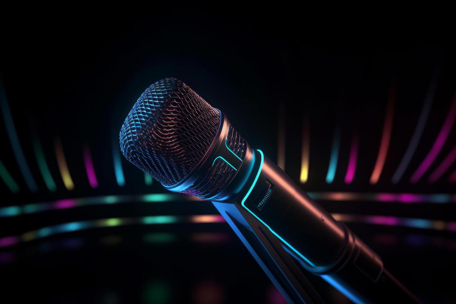 Neon black microphone background. Illustration photo