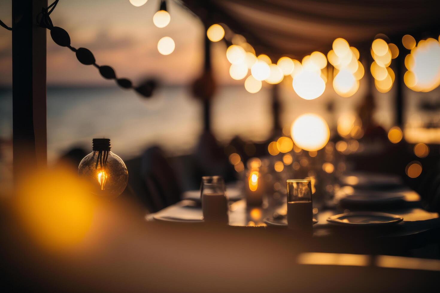 Lights in summer beach cafe. Illustration photo