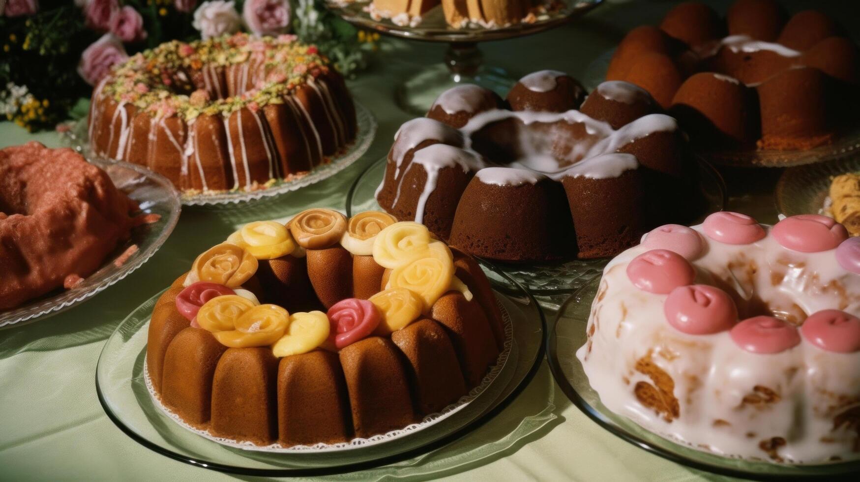 variedad de bundt pasteles y dulces ilustración ai generativo foto