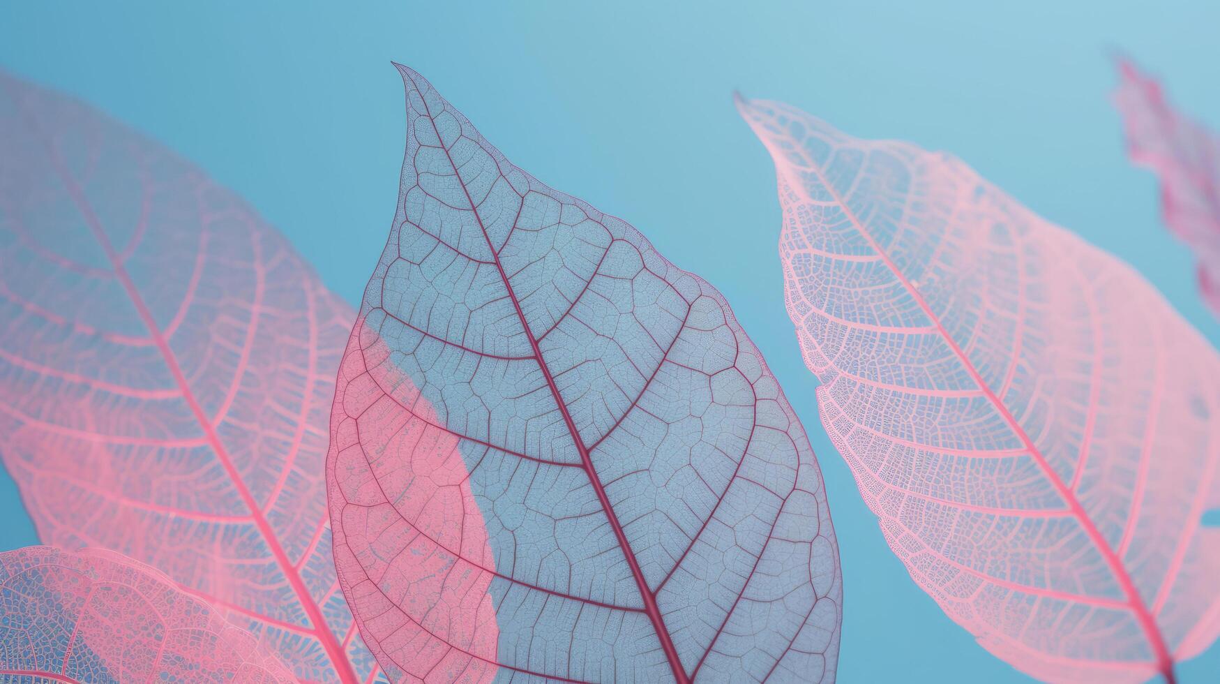 rosado otoño hojas en azul antecedentes. ilustración ai generativo foto