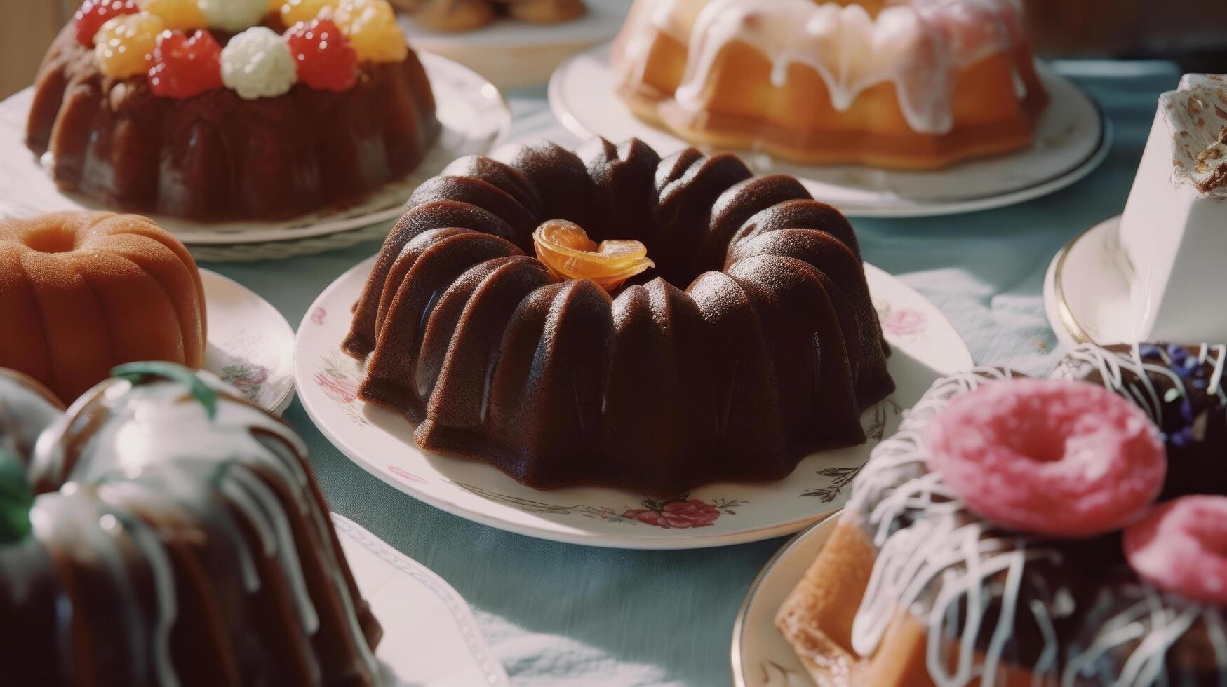 Variety of bundt cakes and sweets. Illustration photo