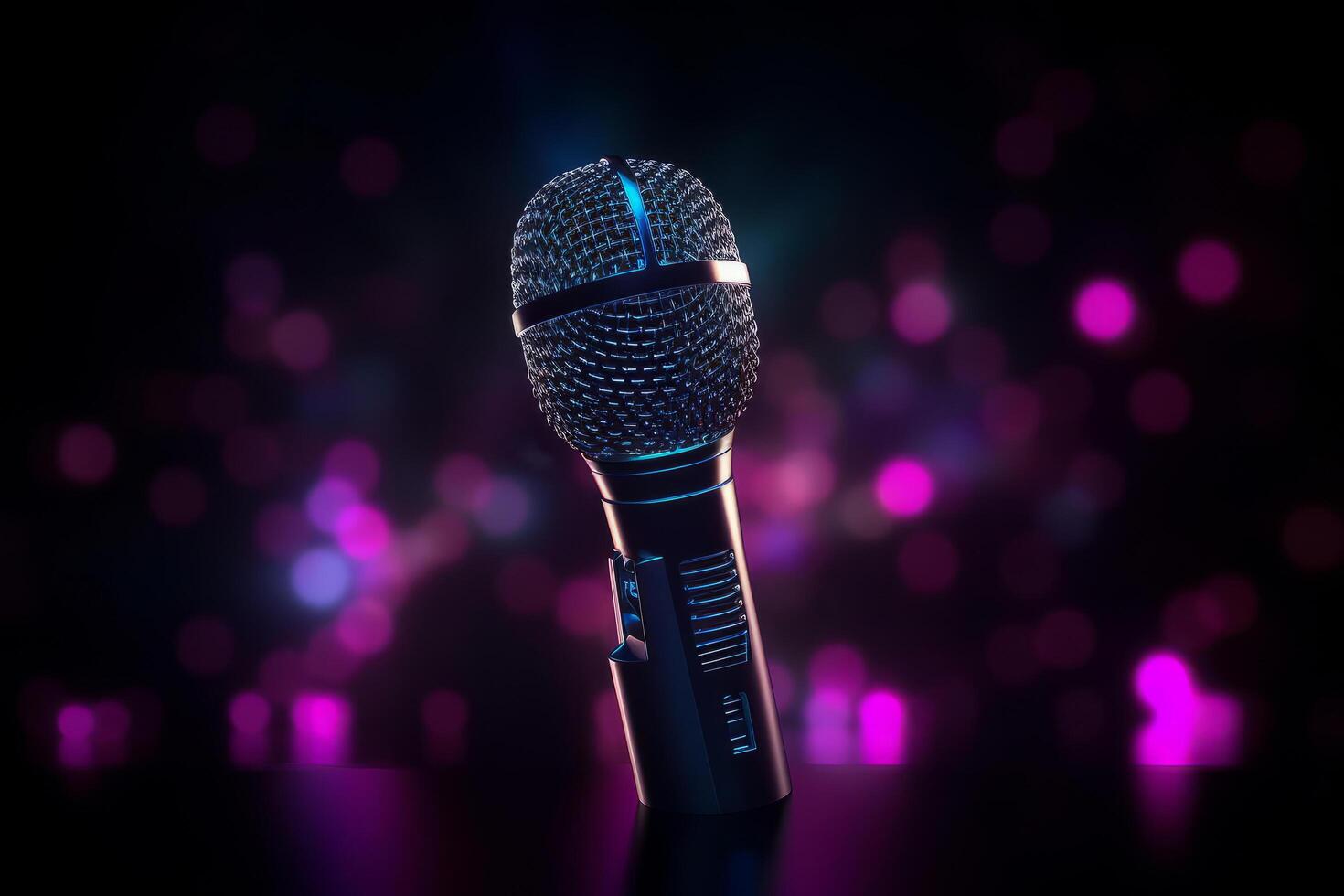 Neon black microphone background. Illustration photo