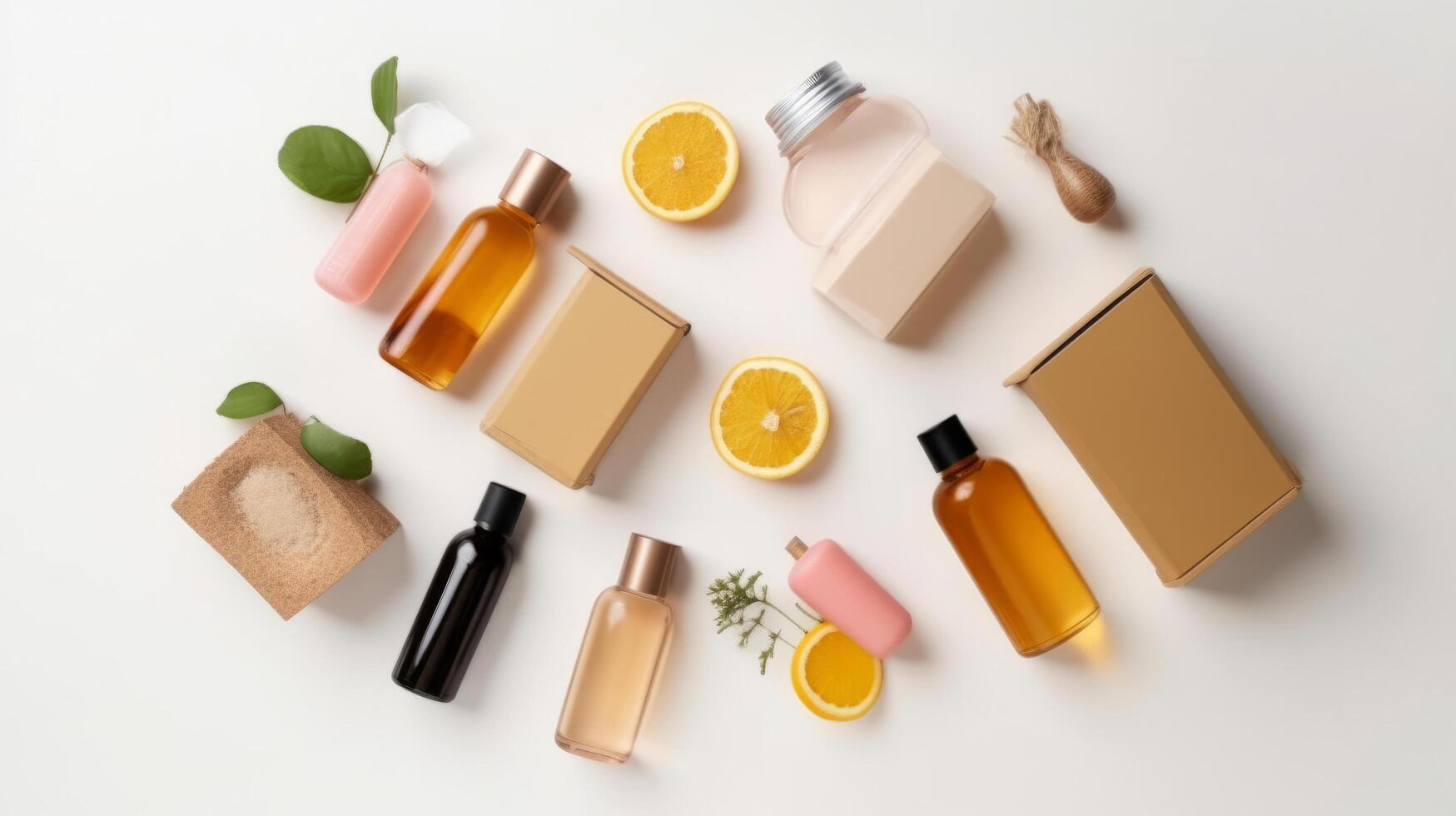 Cosmetics box with set of bottles. Illustration photo