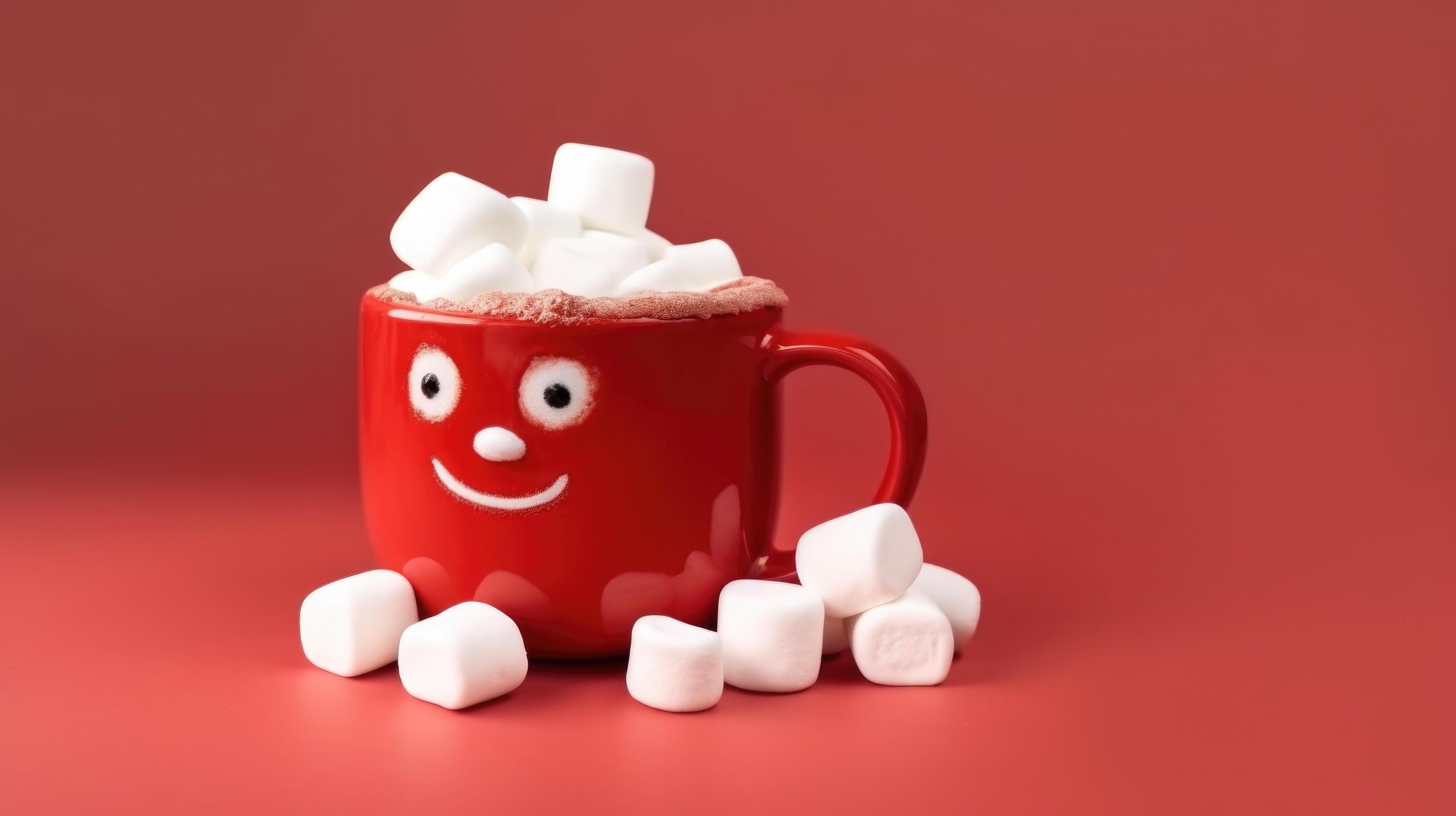 Red hot chocolate mug with melted marshmallows. Illustration AI