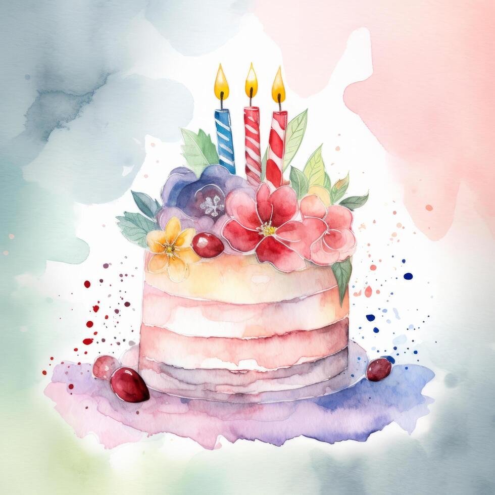 Watercolor Birthday Cake. Illustration photo