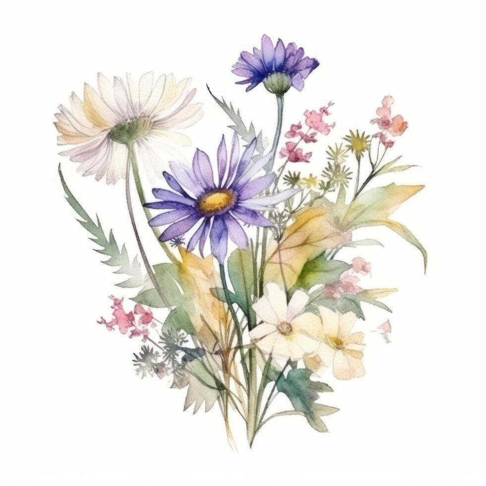 Watercolor wildflower bouquet. Illustration photo