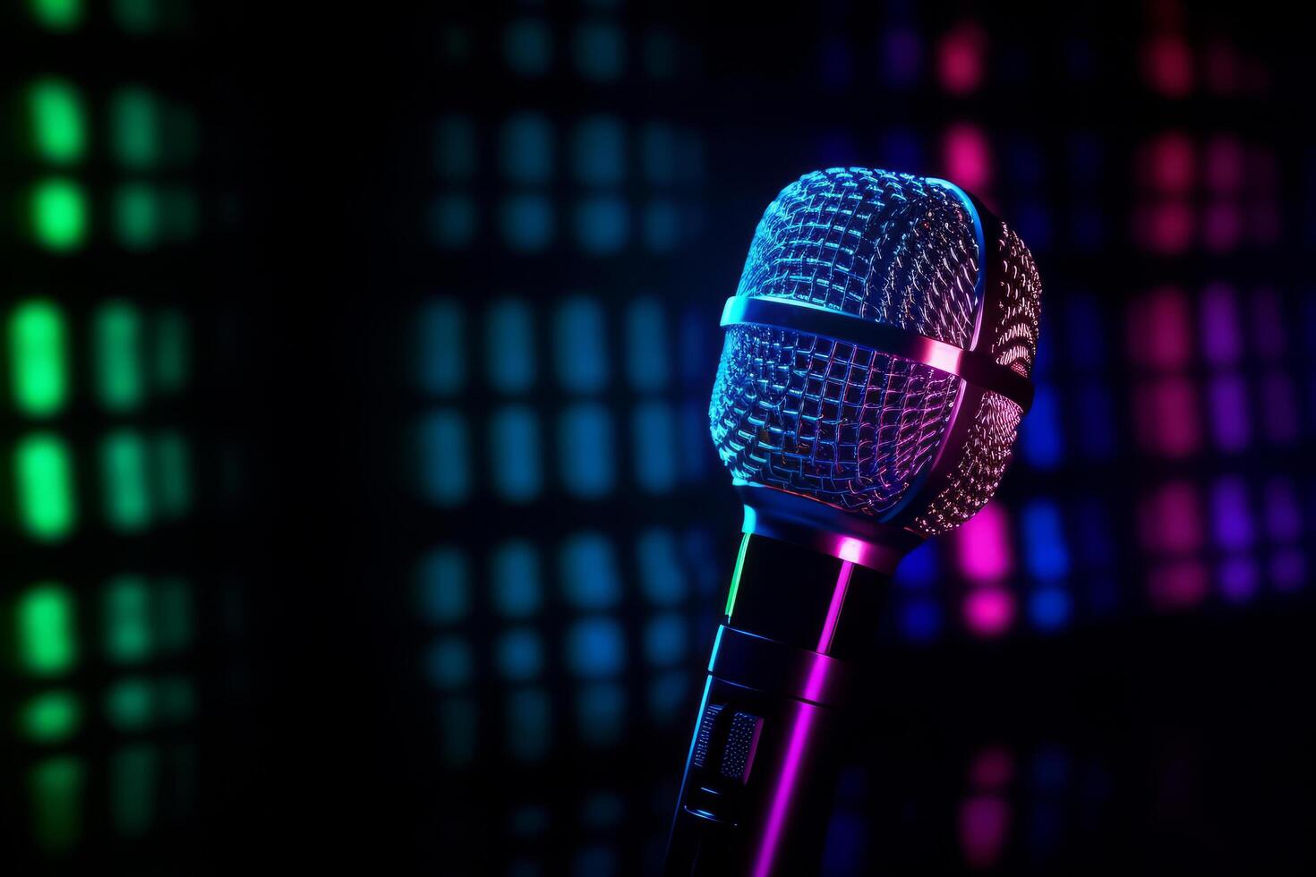 Neon black microphone background. Illustration photo