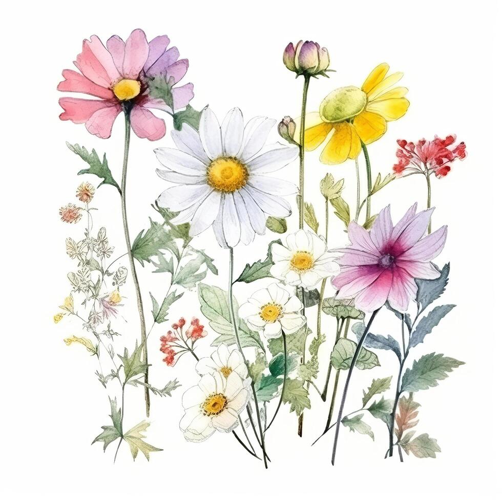 Watercolor wildflower bouquet. Illustration photo