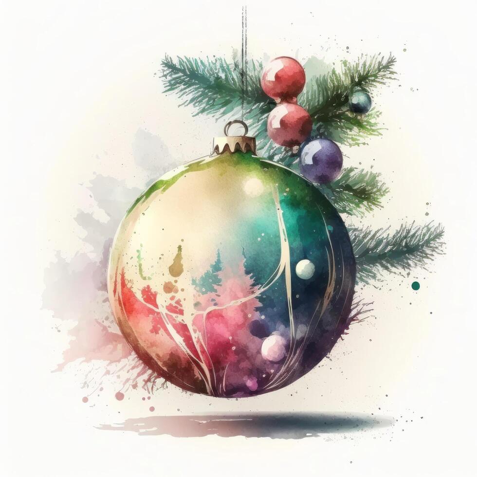 Watercolor Christmas ball decoration. Illustration photo