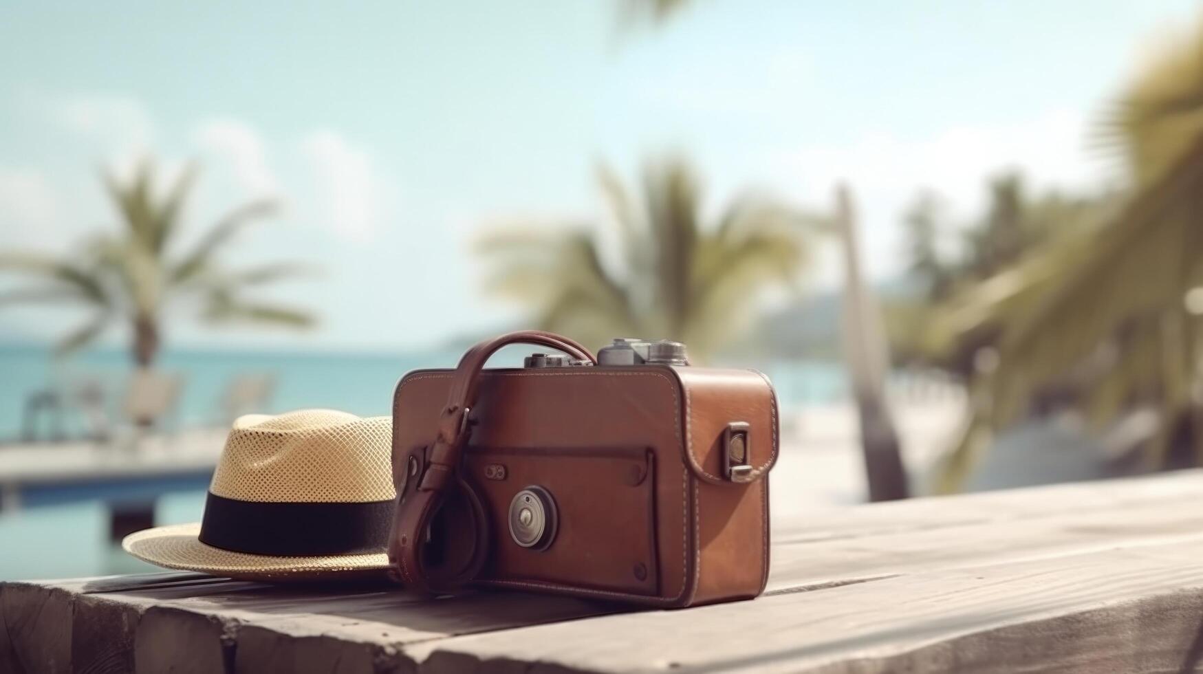 Vintage Camera and Hat on Summer Background. Illustration photo