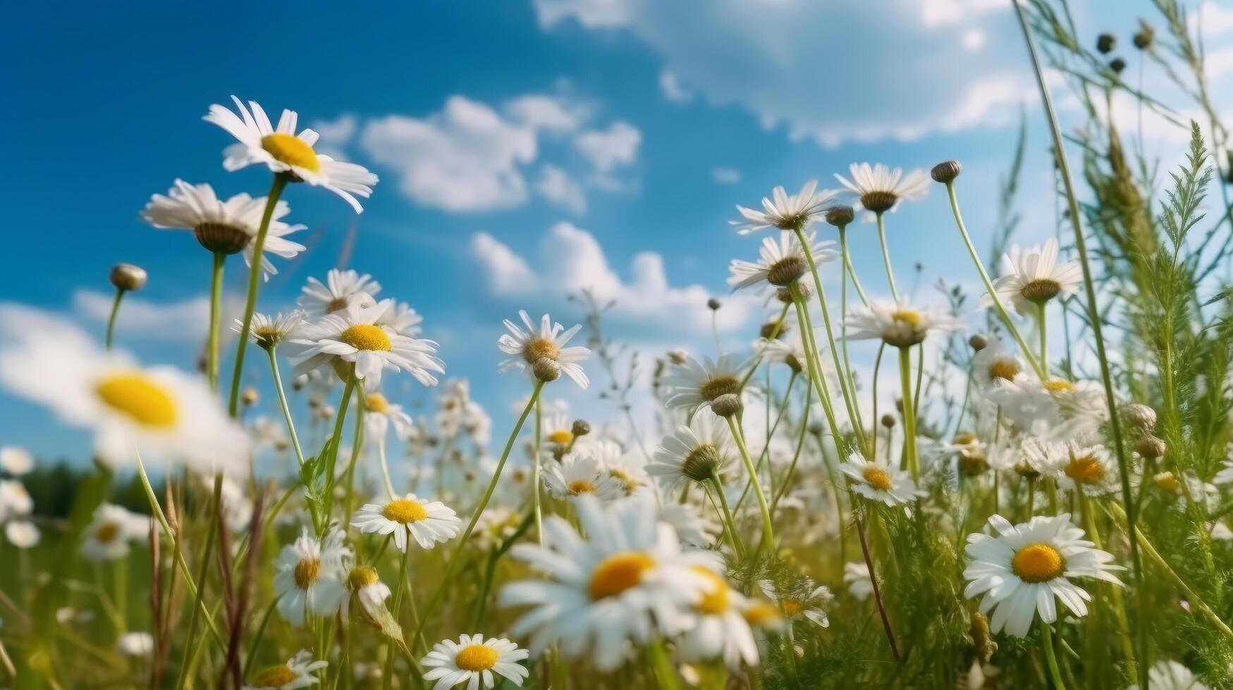 Summer field with daisy flowers. Illustration photo