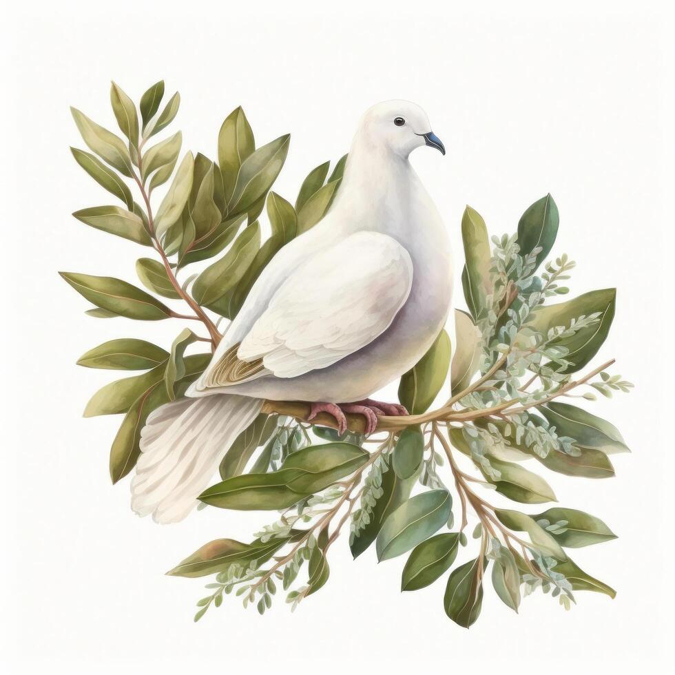 Watercolor white dove and olive branche Illustration photo