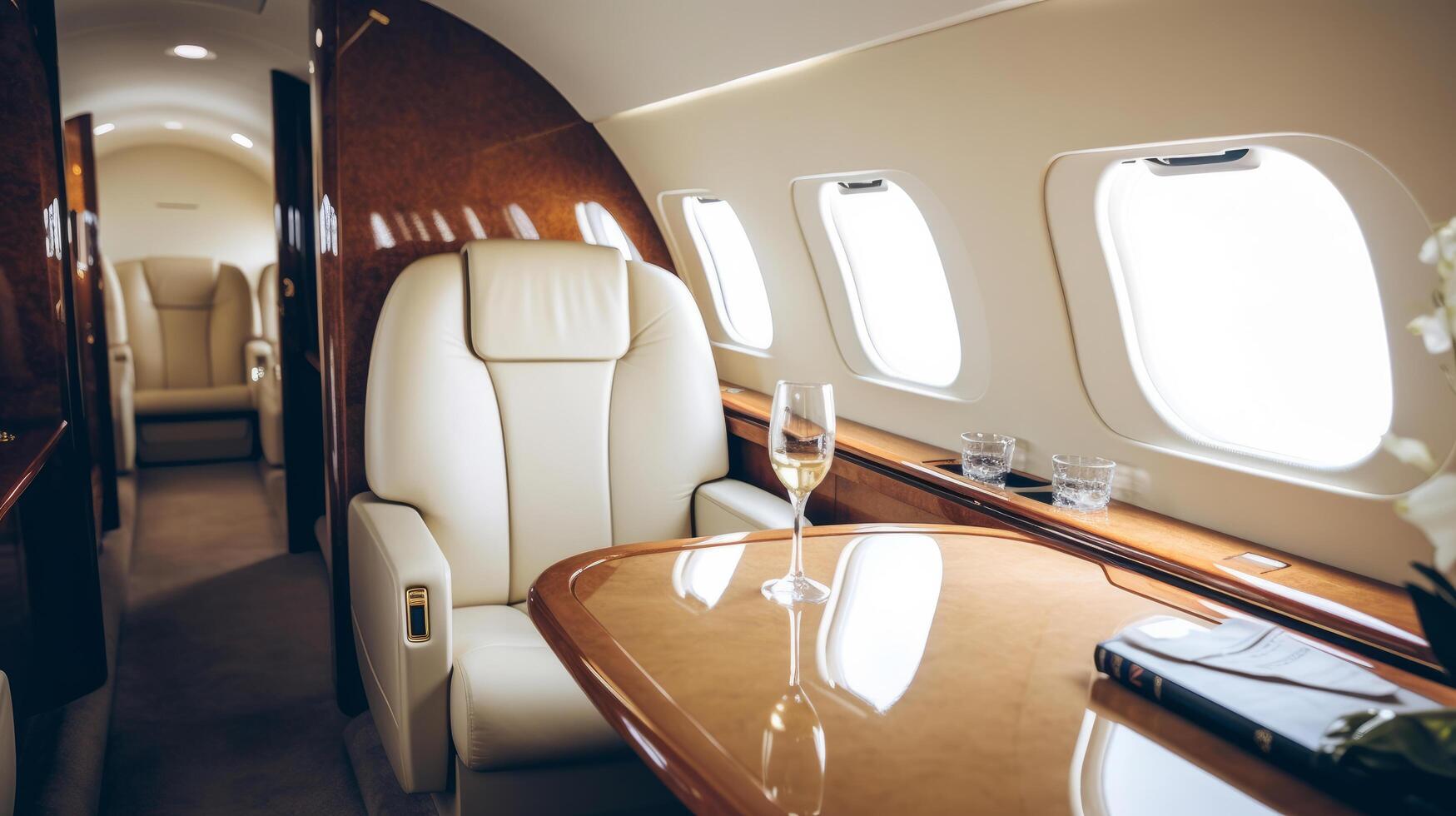 Interior of luxurious private jet with leather seats Illustration photo