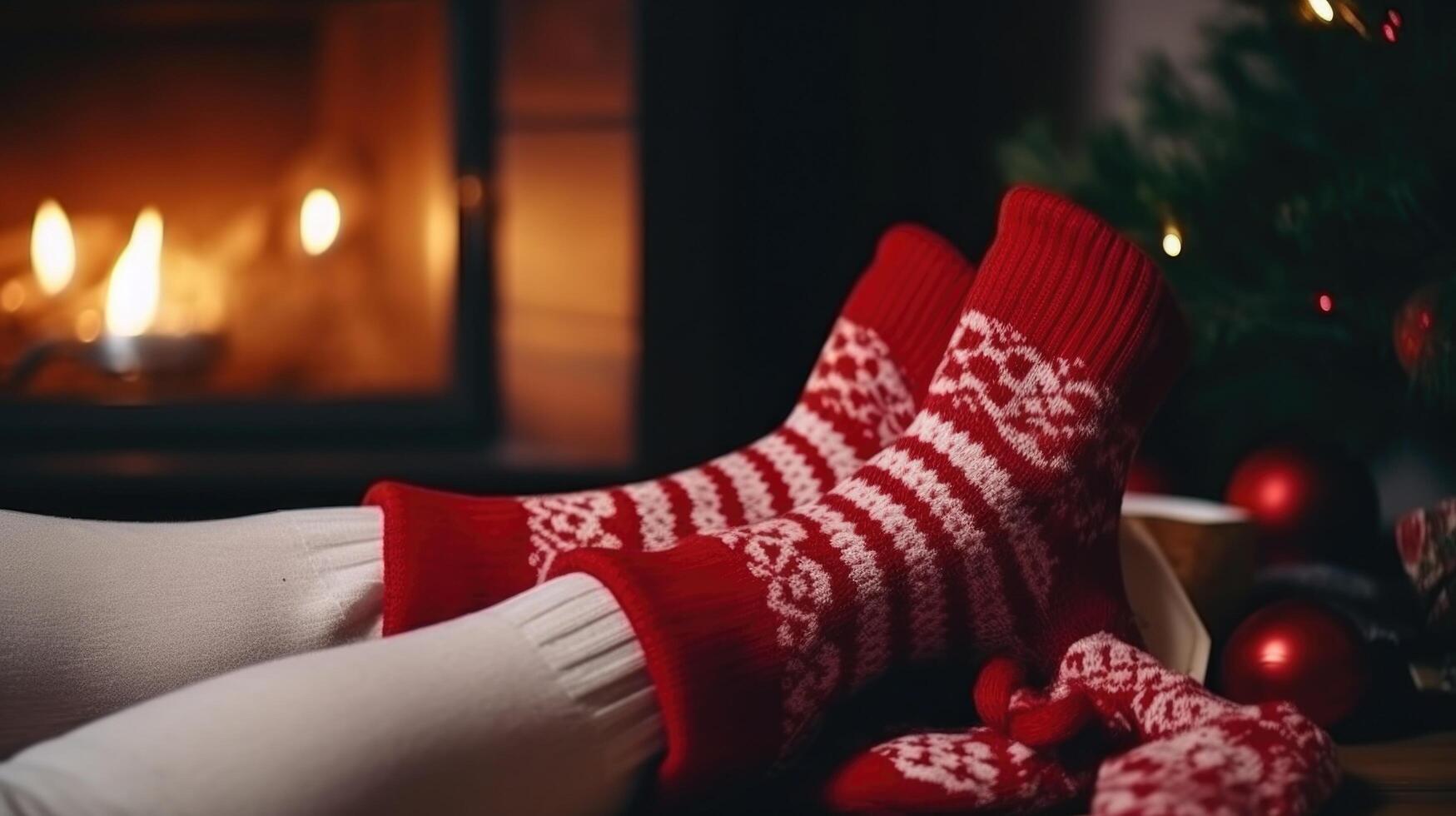 Legs in wool socks near fireplace. Illustration photo