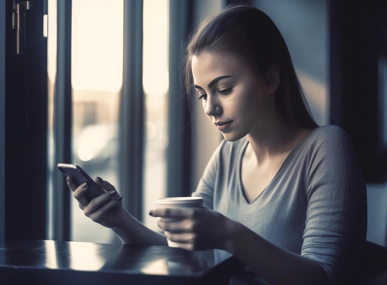 Woman with mobile and cup of coffee. Illustration photo