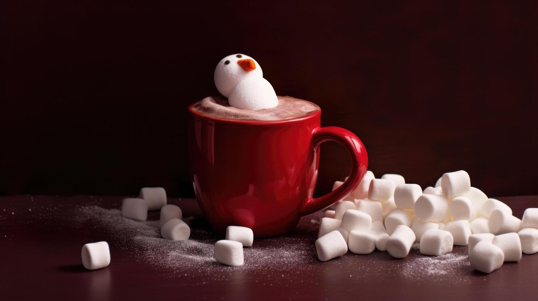 Red hot chocolate mug with melted marshmallows. Illustration photo