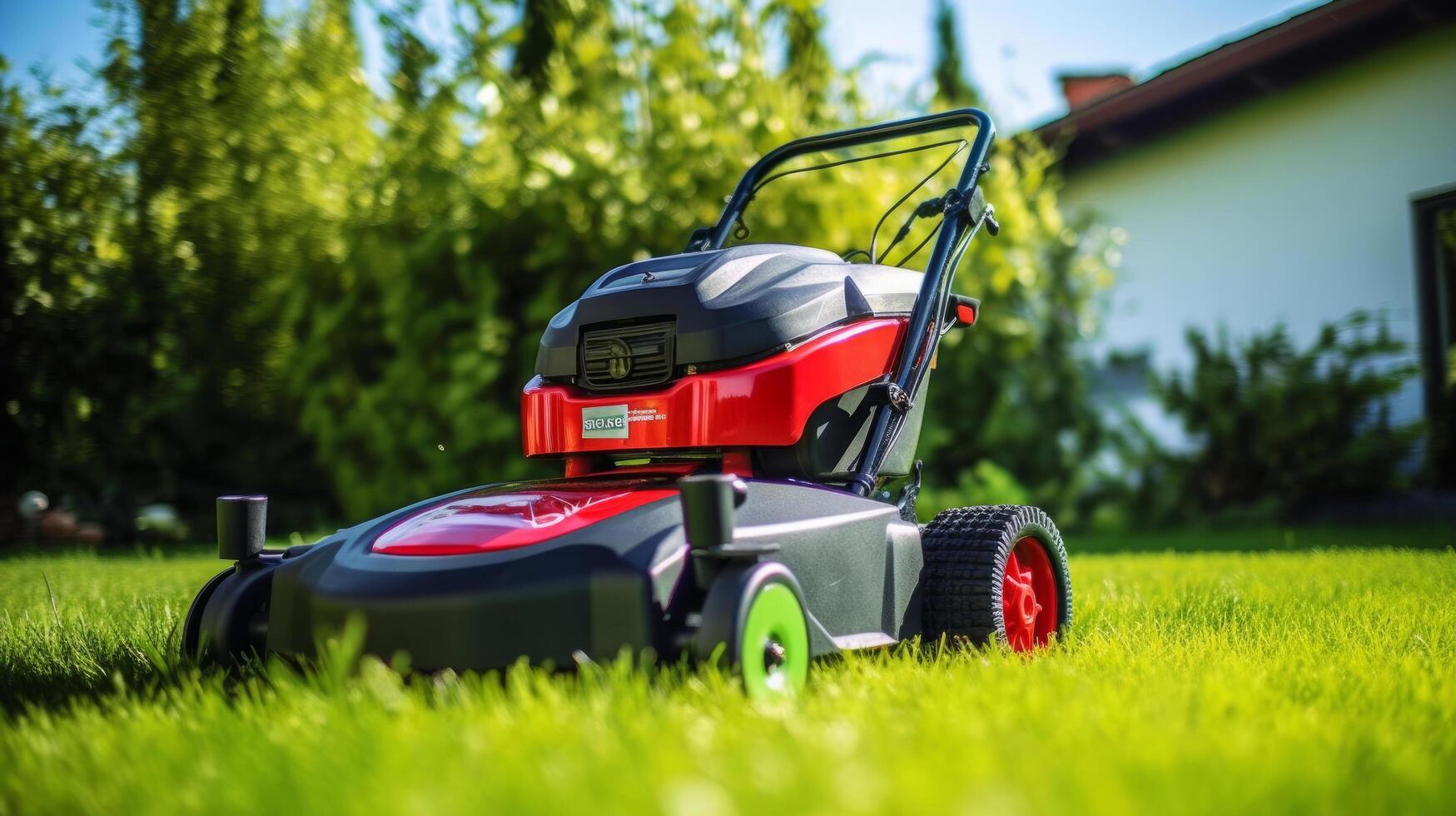 Lawn mover on green grass. Illustration photo