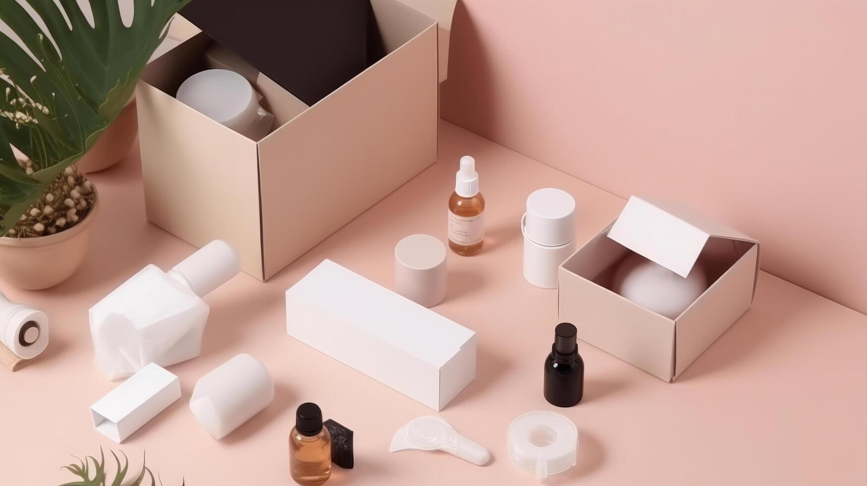 productos cosméticos caja con conjunto de botellas ilustración ai generativo foto