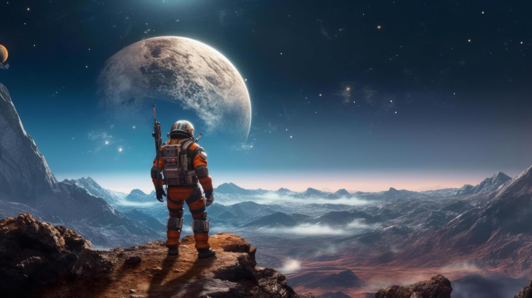 Astronaut in space on alien planet. Illustration photo