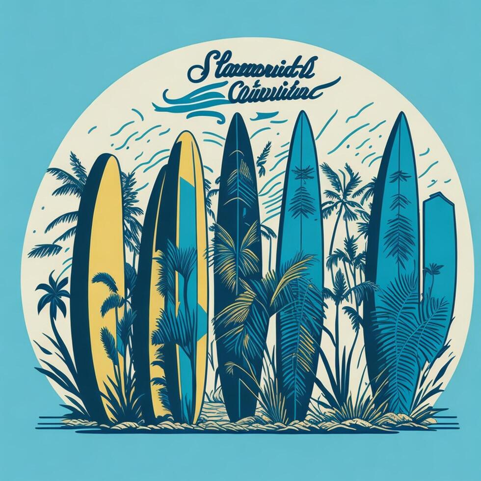 summer vibe design featuring a group of surfboards lined up on a beach photo