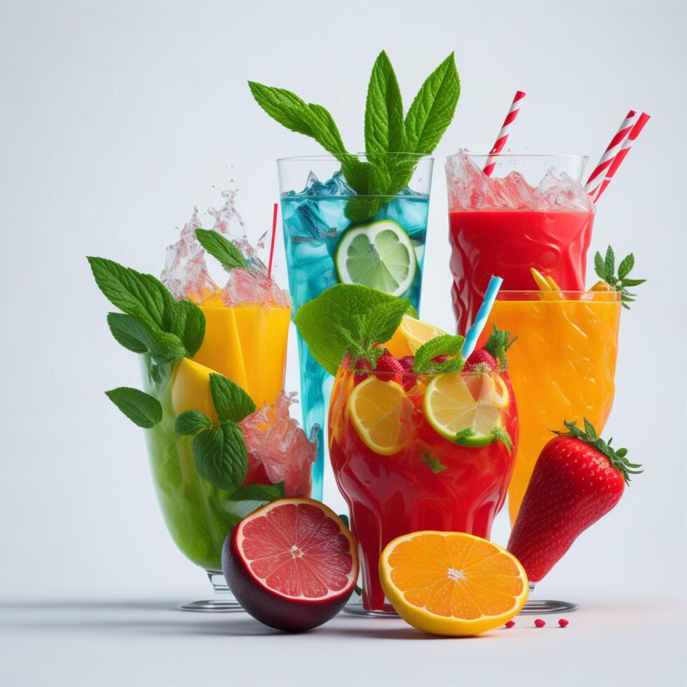 summer drinks on white background bright colour hyper realistic photo