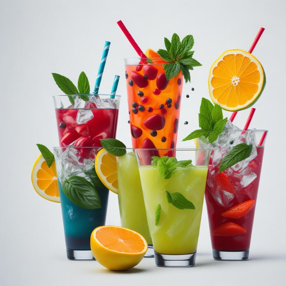 summer drinks on white background bright colour hyper realistic photo