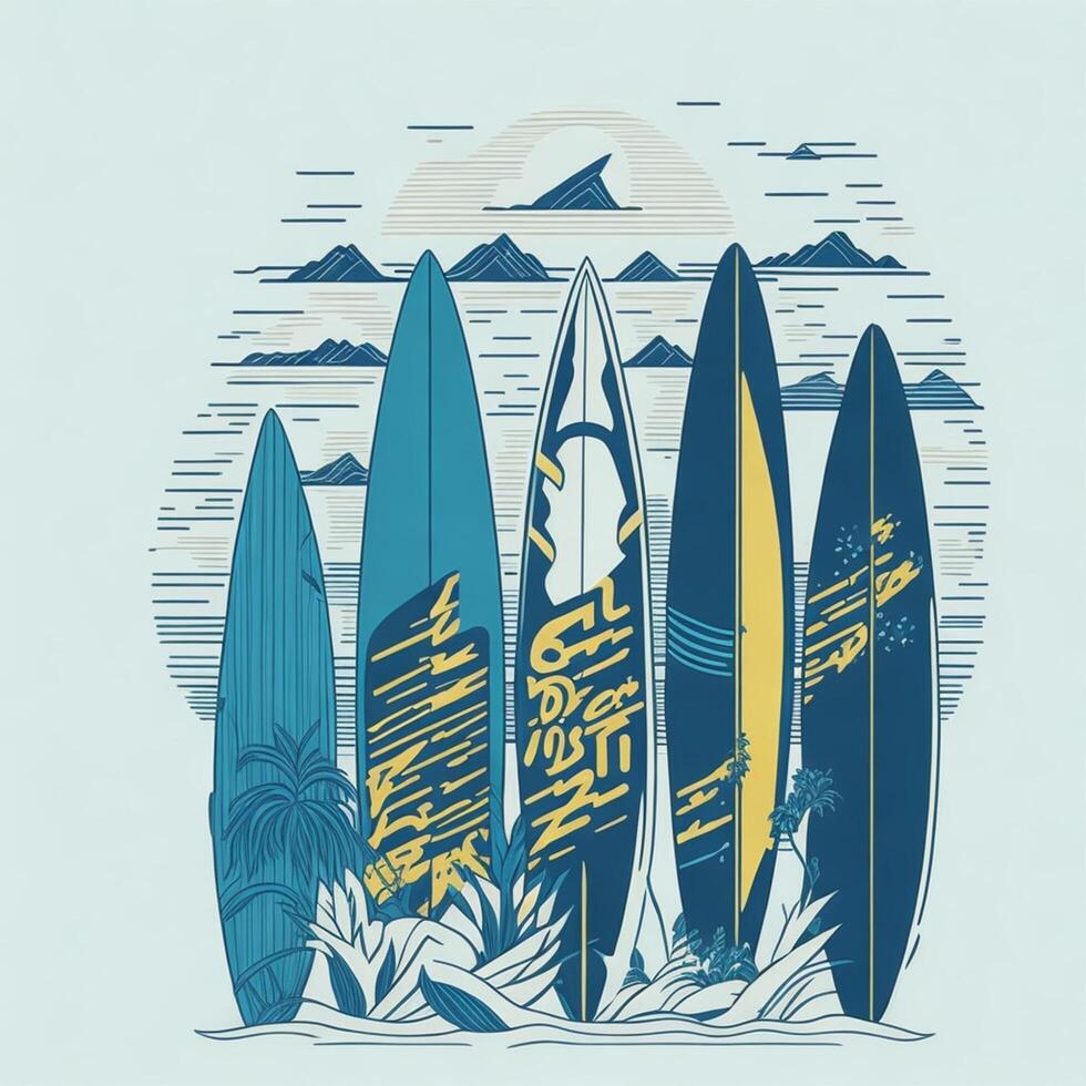 summer vibe design featuring a group of surfboards lined up on a beach photo