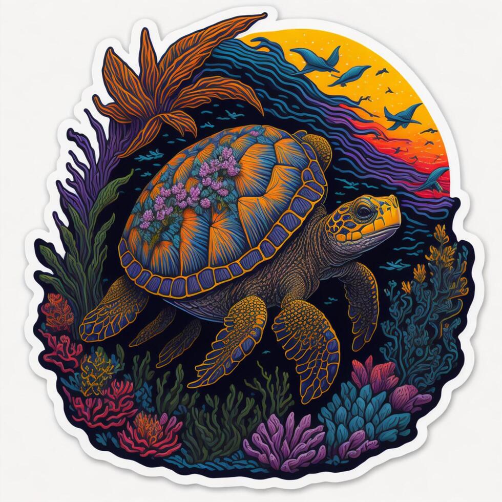 sticker, beautiful turtle under the sea, Sunset tropical summer photo