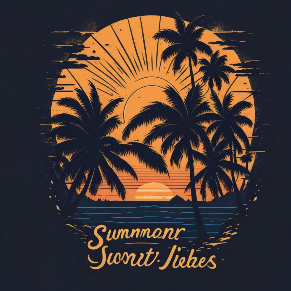 verano vibras, puesta de sol playa estilo, camiseta diseño, vector ai generado foto