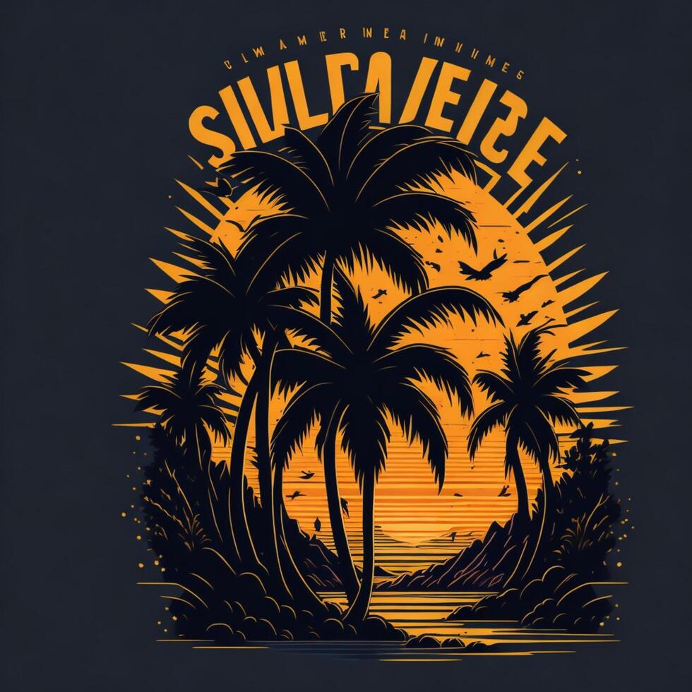 verano vibras, puesta de sol playa estilo, camiseta diseño, vector ai generado foto