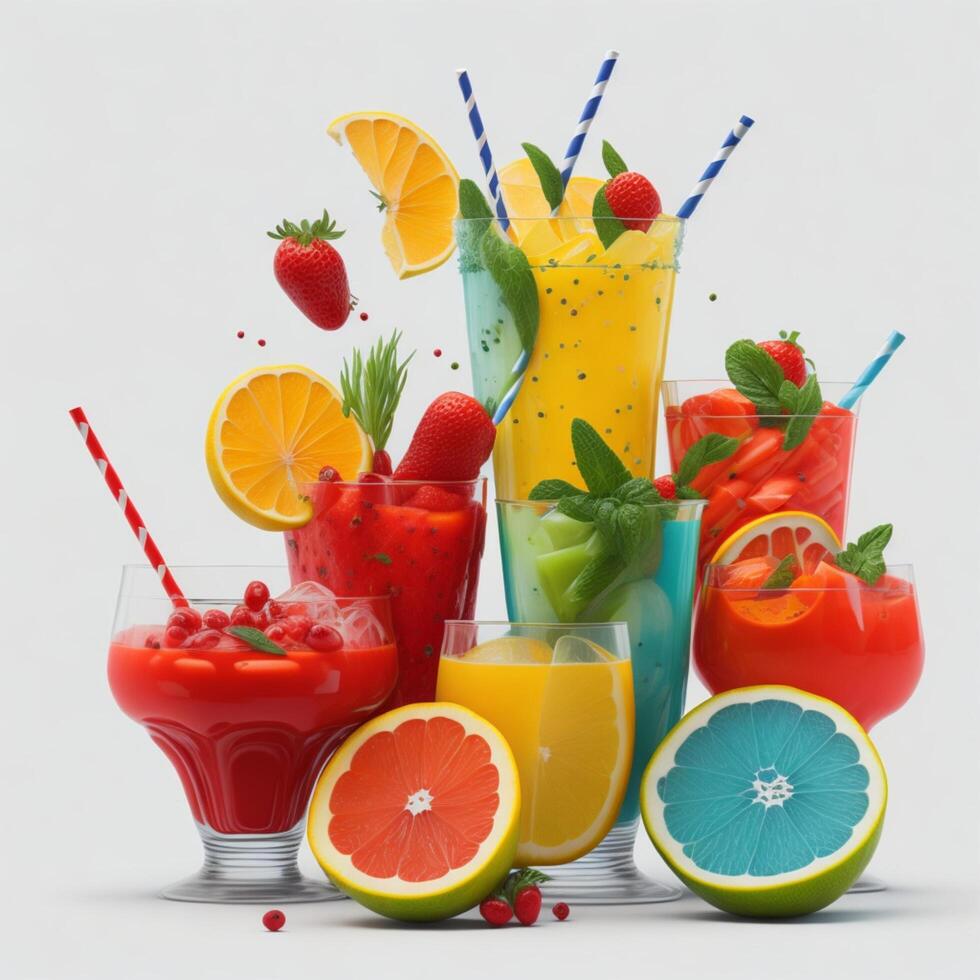 summer drinks on white background bright colour hyper realistic photo