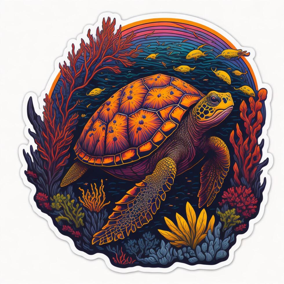 sticker, beautiful turtle under the sea, Sunset tropical summer photo