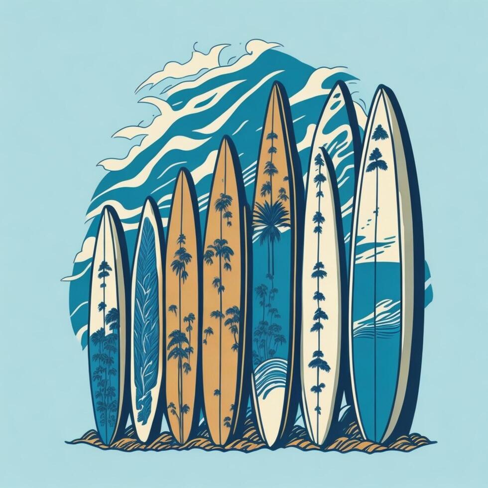 summer vibe design featuring a group of surfboards lined up on a beach photo