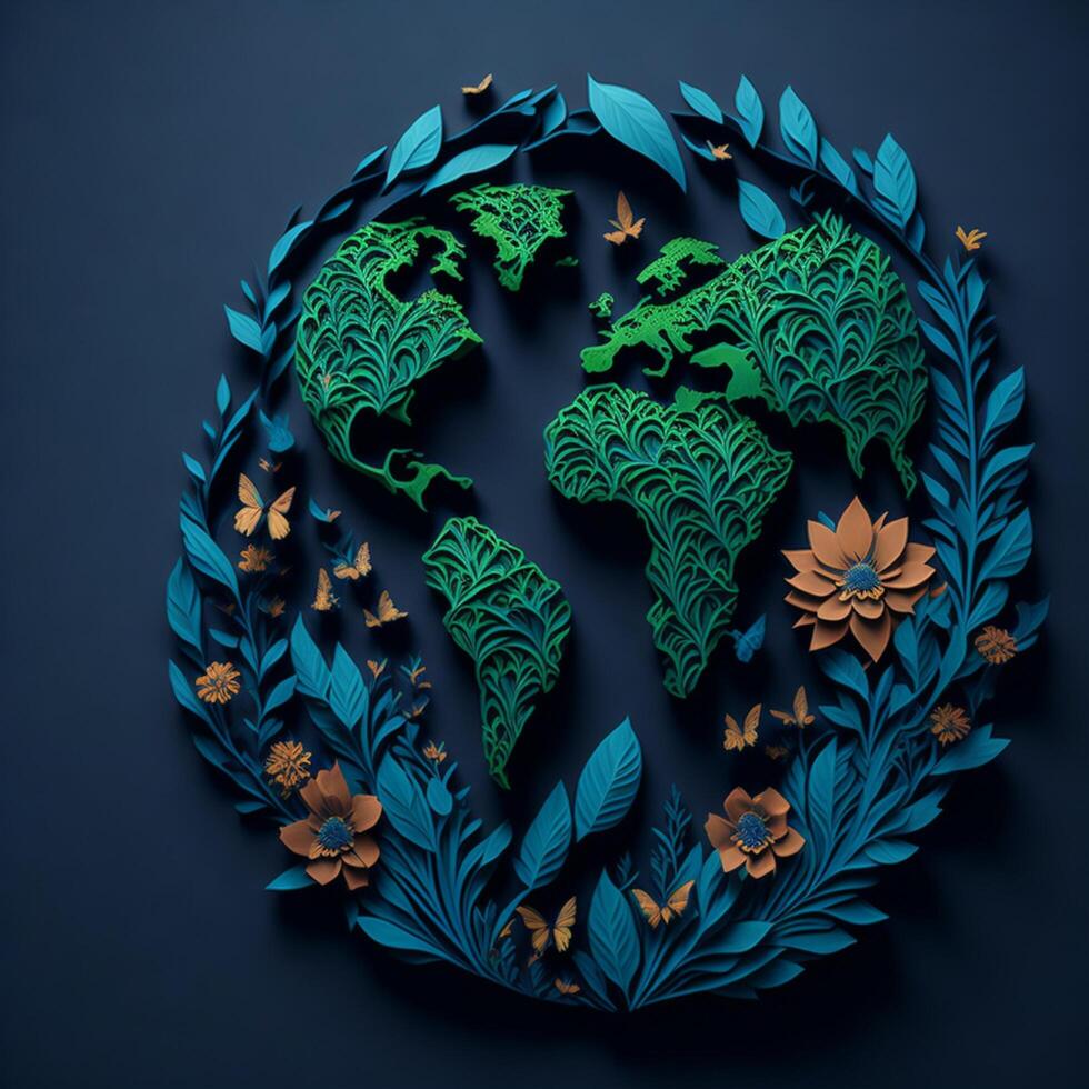 Earth day concept with flowers and butterfly paper cut style, World environment day photo